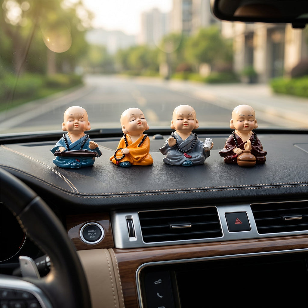 Little Monk Buddha Statue Set For Car Dashboard Office Desk And Home Decor (4 Pc)