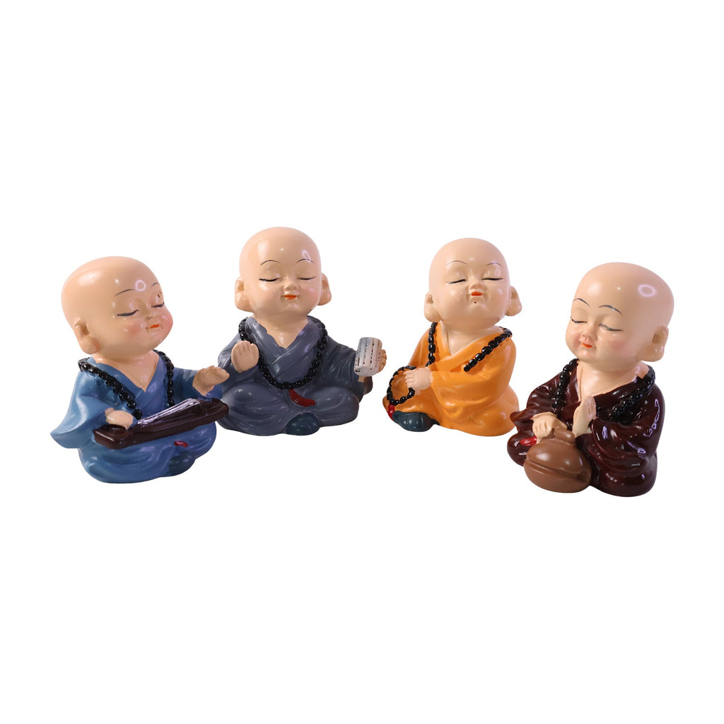 Little Monk Buddha Statue Set For Car Dashboard Office Desk And Home Decor (4 Pc)