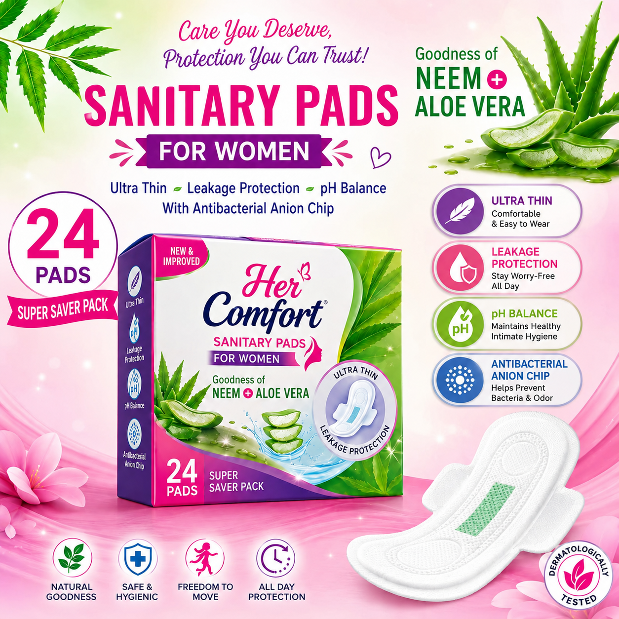 Sanitary Pads For Women With Goodness Of Neem  Aloe Vera  Ultra Thin  Leakage Protection  Ph Balance  With Antibacterial Anion Chip  (155 Mm  24 Pads) (BV-250)