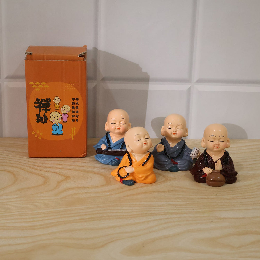 Little Monk Buddha Statue Set For Car Dashboard Office Desk And Home Decor (4 Pc)